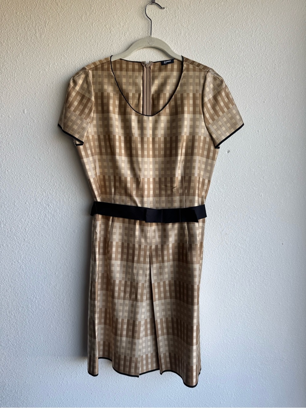 Vintage Jil Sander Navy short-sleeve beige gingham check silk dress size 8
